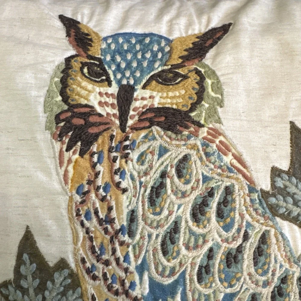 Pottery Barn Throw Pillow Owl Bird Embroidered Appliqué‎ Feather Insert Cover